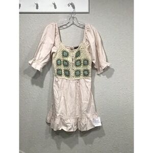 NWT ASOS Crochet Granny Square Babydoll Mini Dress Puff Sleeve Cottagecore Sz 4